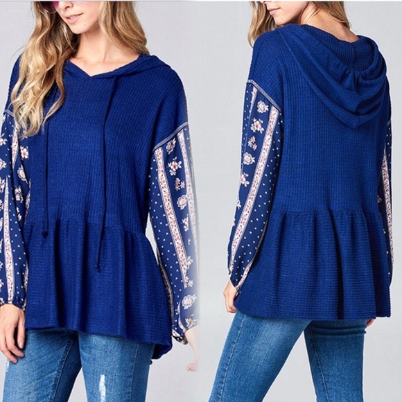 Multicolored Waffle Knit Long Sleeve Floral Boxy Hoodie - Picture 3 of 9